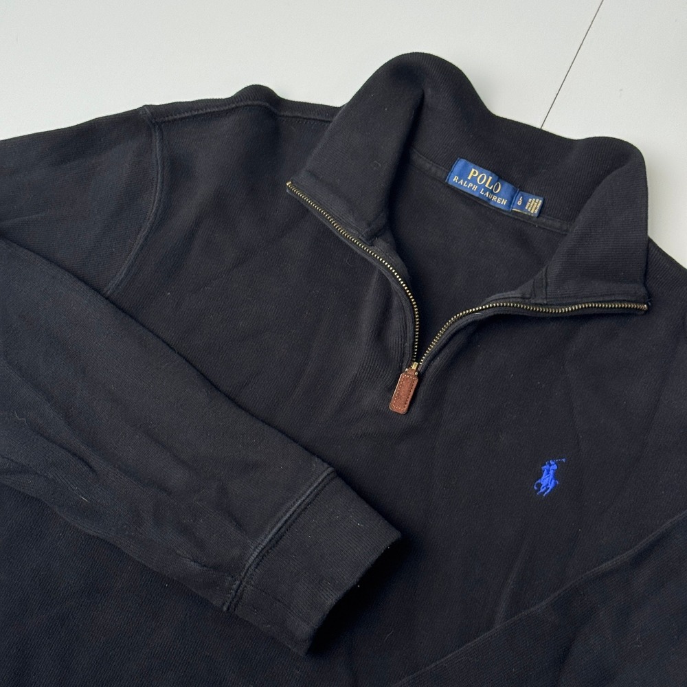 Polo Ralph Lauren Mens Large Black Quarter Zip Pullover Cotton Ribbed Sweater